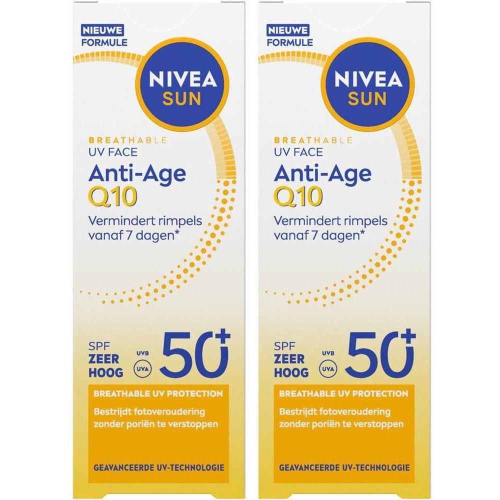 Deux tubes de crème NIVEA SUN Visage Anti-Âge SPF50 dans leurs emballages.