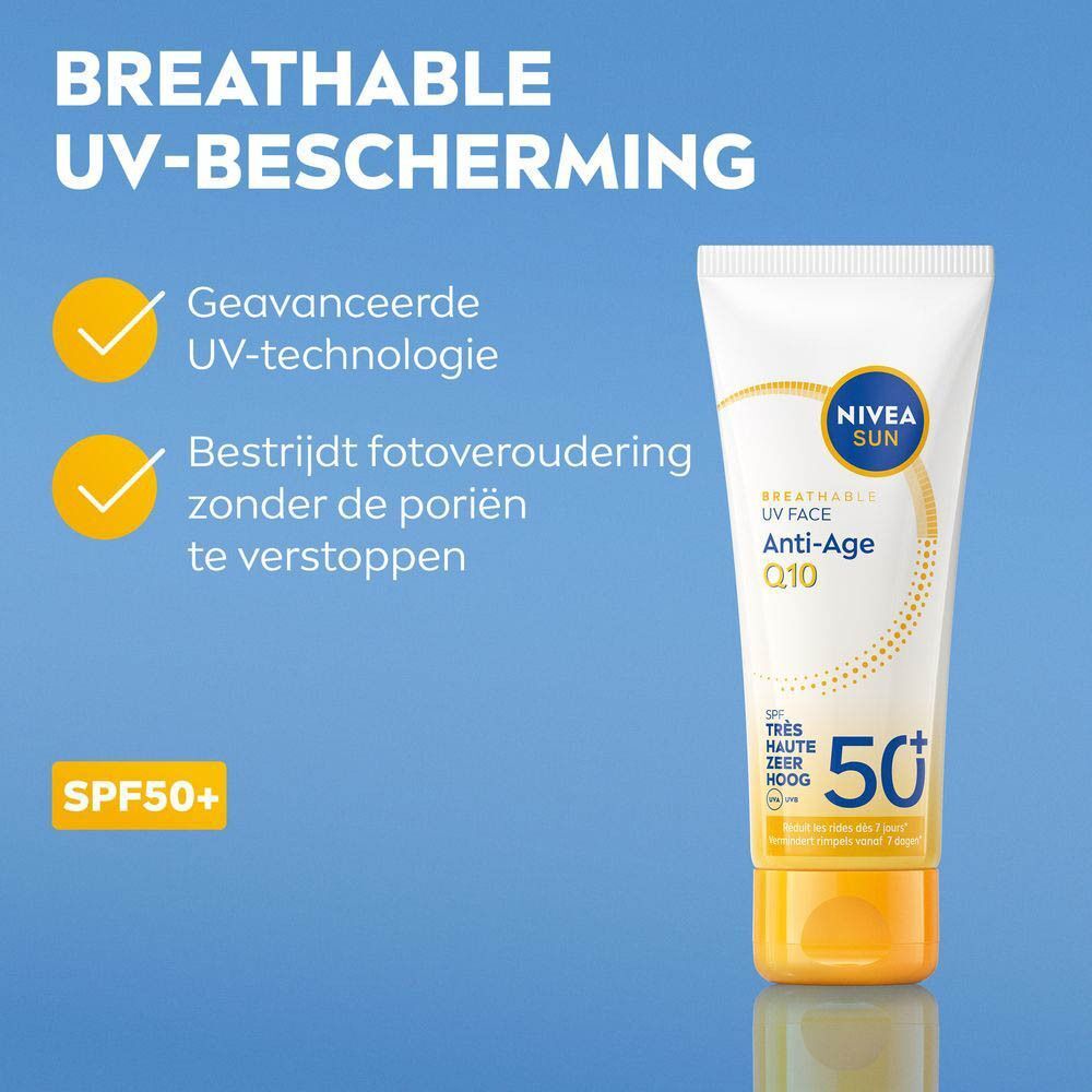 NIVEA Sun Anti-Age gezichtscrème met SPF 50+ en ademende UV-technologie.
