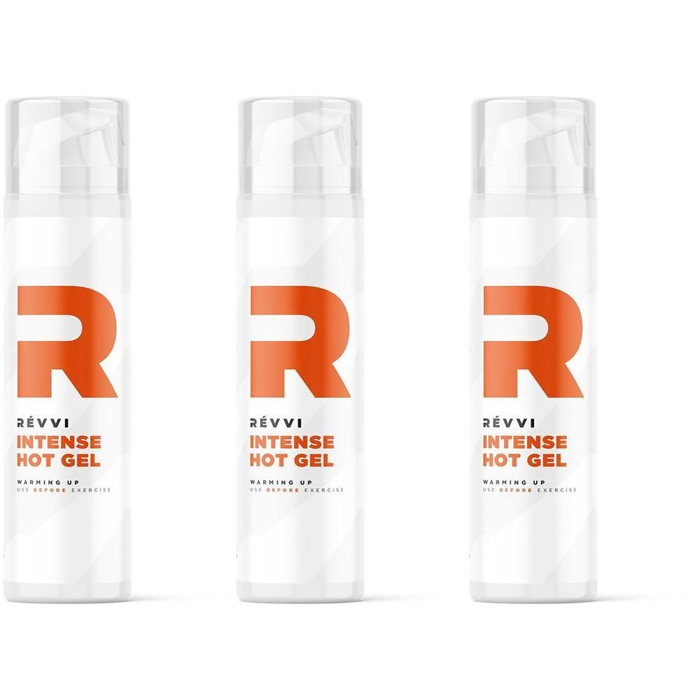 Drie witte pompflesjes met oranje 'R'-logo en opschrift 'RÉVVI INTENSE HOT GEL'.