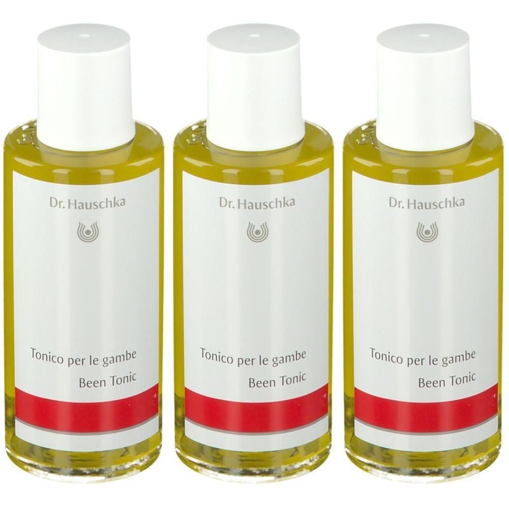 Trois flacons de Tonique pour les jambes Dr. Hauschka avec bouchon blanc et étiquette blanche.