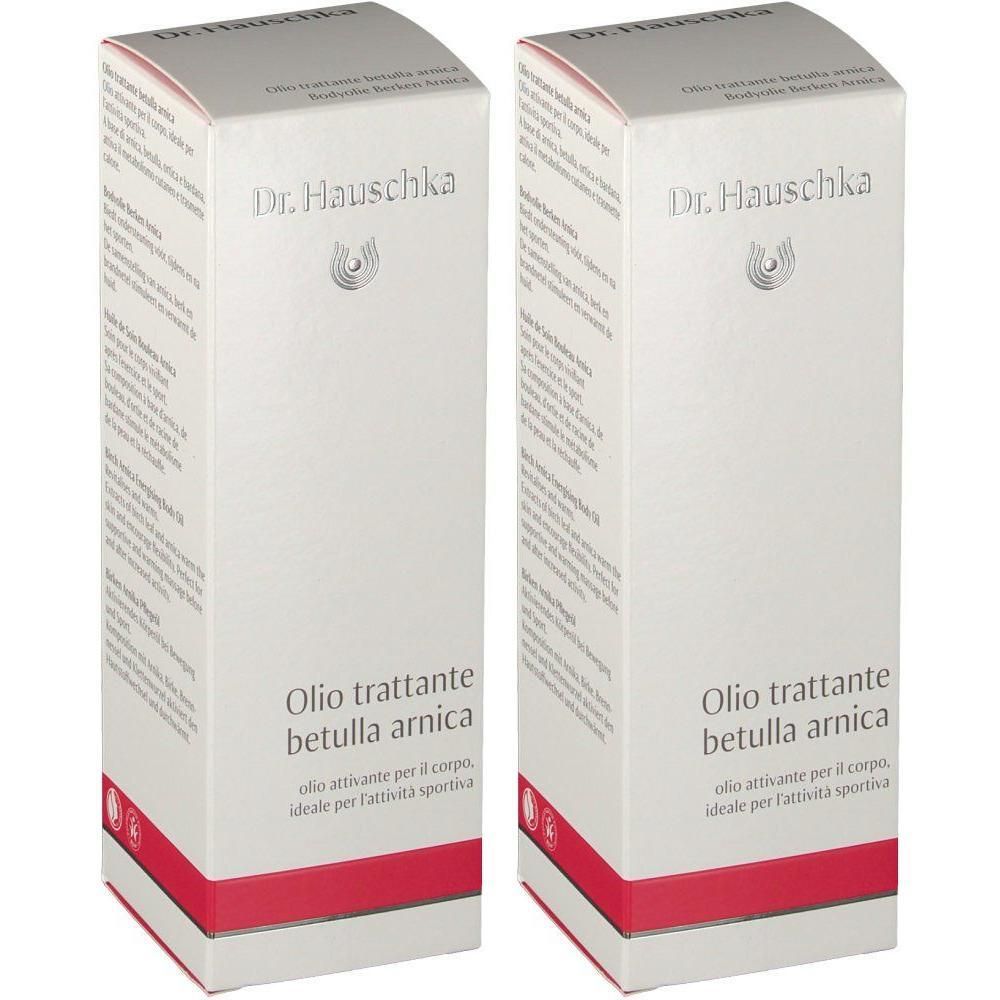 Deux boîtes d'Huile Corporelle Bouleau Arnica Dr. Hauschka. Texte en italien : Olio trattante betulla arnica.