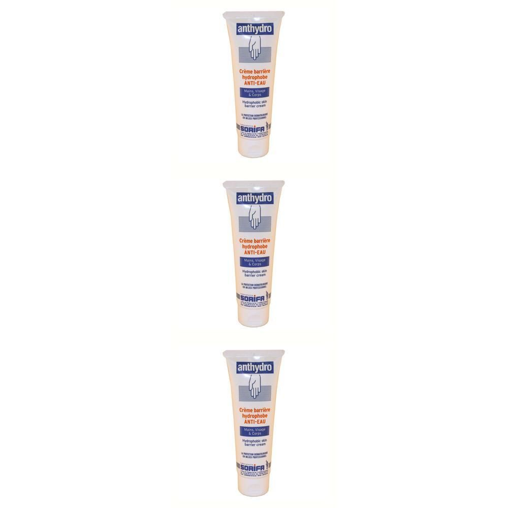 Trois tubes de crème Anthydro. Les tubes sont blancs avec des accents bleus et rouges.