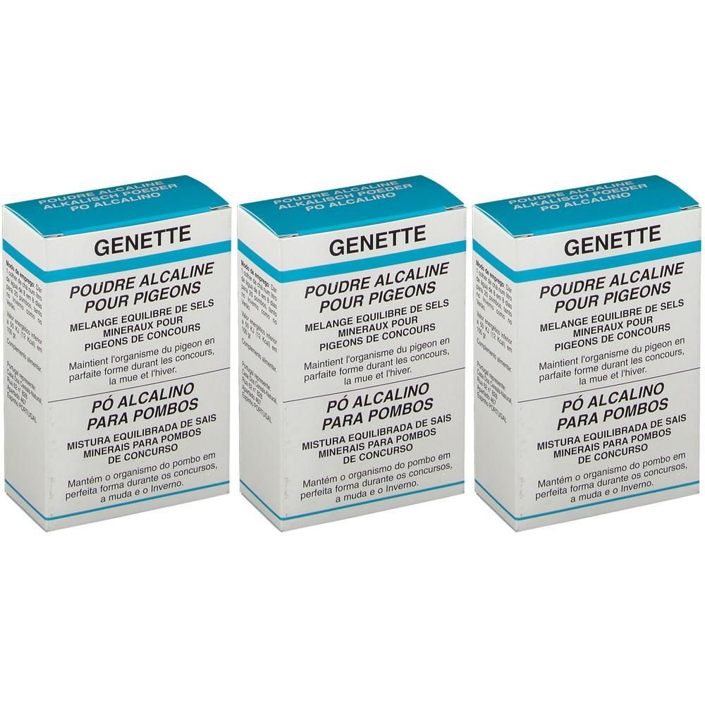 Drie dozen "GENETTE Poudre Alcaline Pour Pigeons", mineraalmengsel voor duiven.