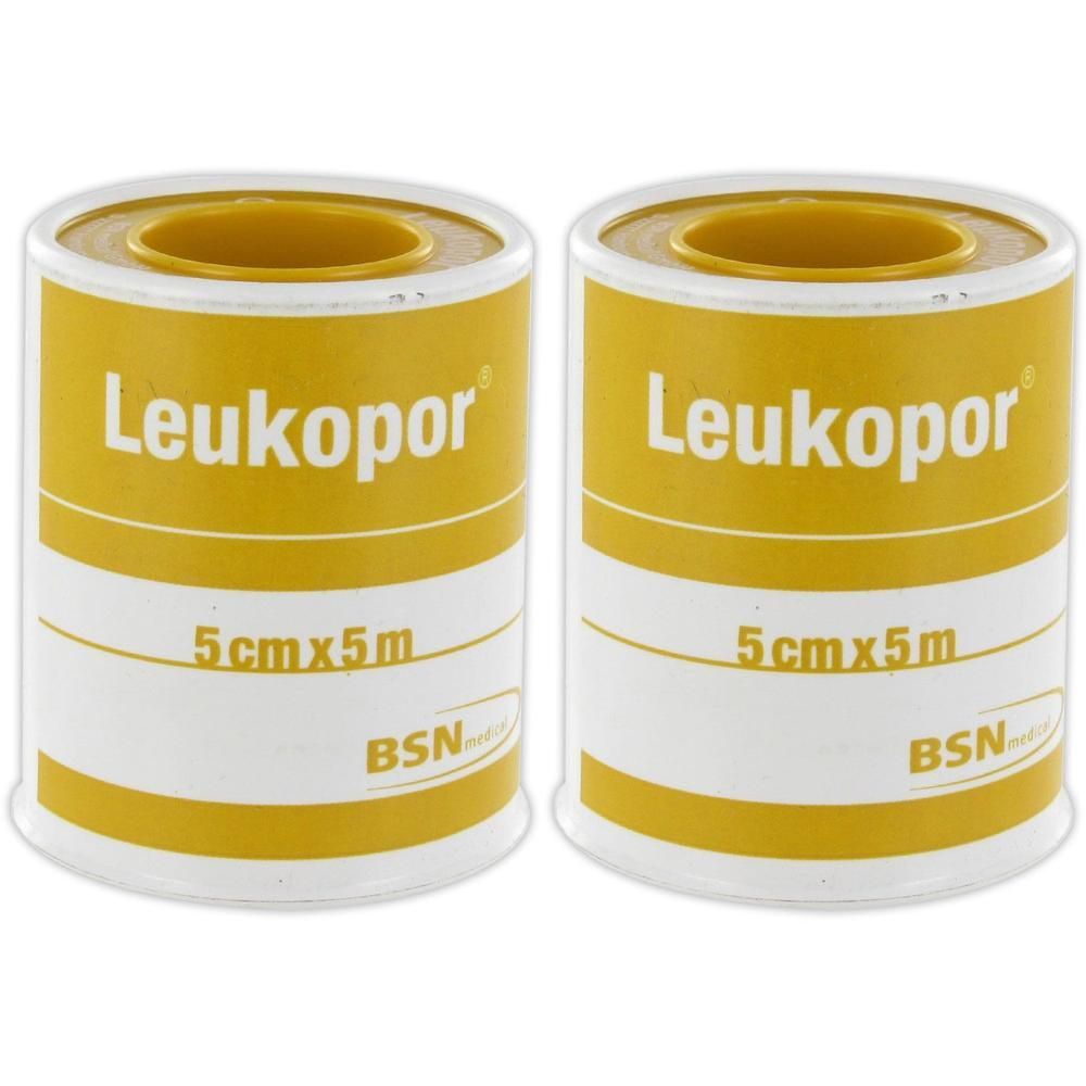 Deux rouleaux de sparadrap Leukopor, 5 cm x 5 m.