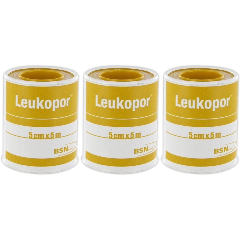 Drie rollen Leukopor fixatiepleister, 5 cm x 5 m.