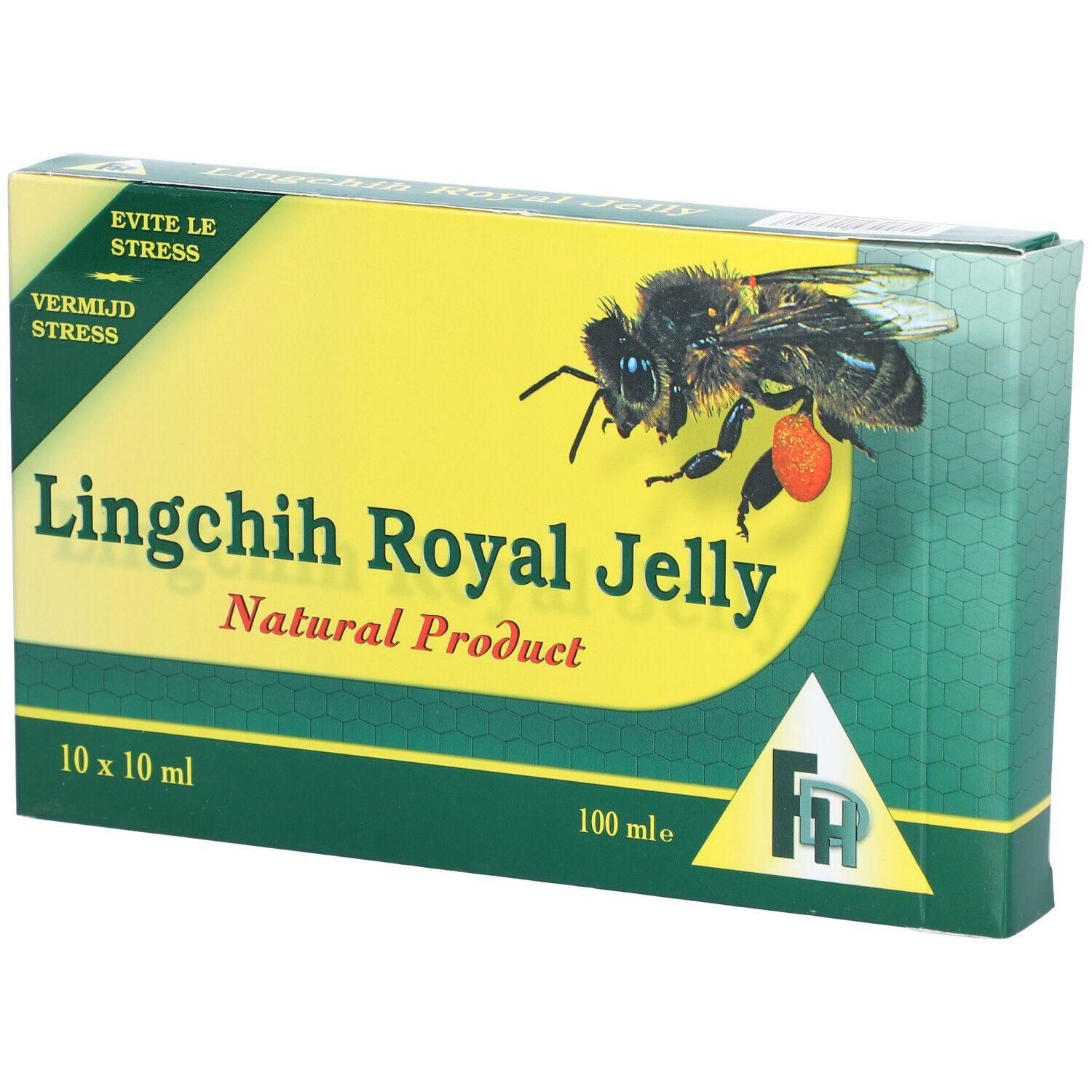Verpakking Lingchih Royal Jelly, 10x10ml. Met bij-afbeelding en tekst 'Natural Product'.