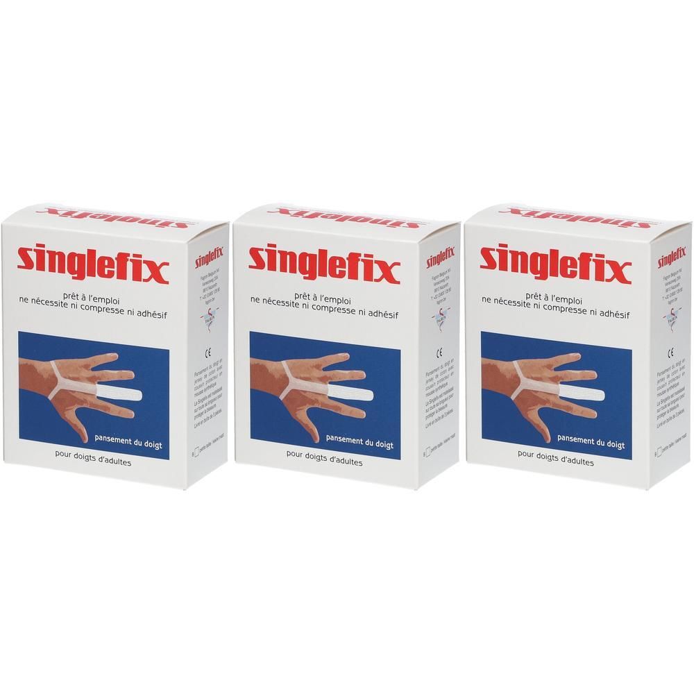Drie verpakkingen Surgifix Singlefix A vingerverbanden. Elke verpakking toont een hand met een verband.