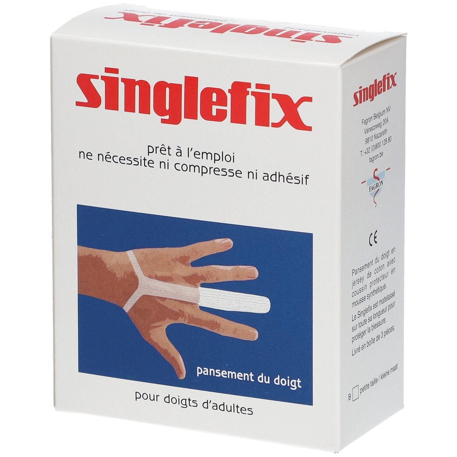 Verpakking van Surgifix Singlefix A vingerverband. Illustratie van toepassing op een vinger.