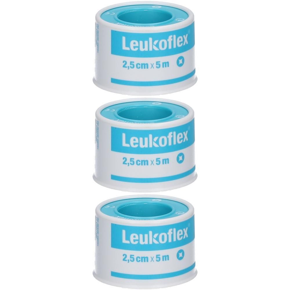 Drie rollen Leukoflex pleister, 2,5 cm x 5 m per stuk.