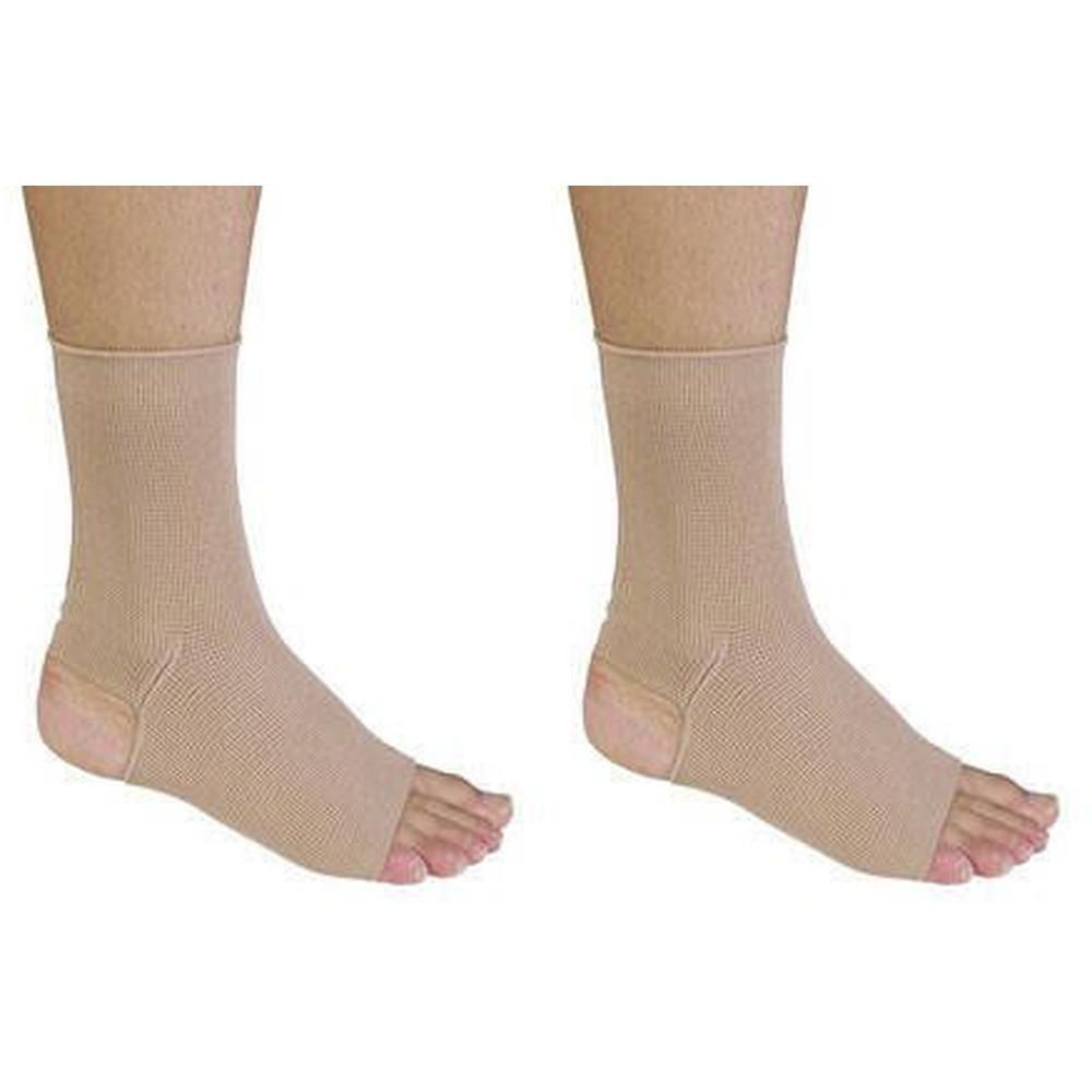 Twee beige enkelbraces van stof met open teen.