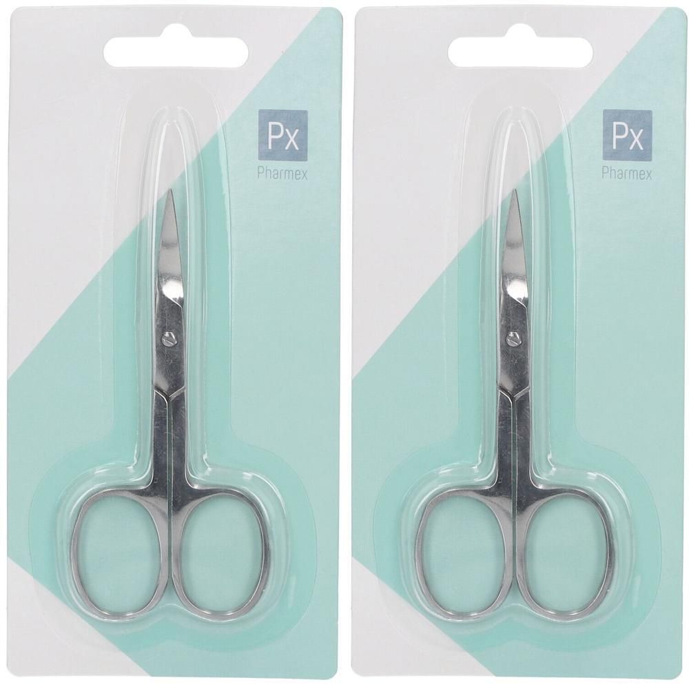 Twee gebogen metalen nagelknippers in blisterverpakking met Pharmex-logo.