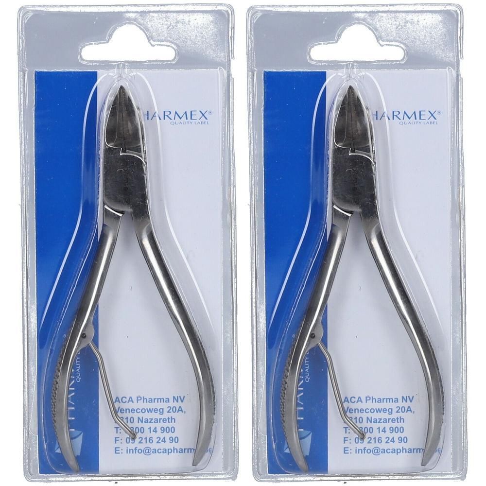 Deux paires de coupe-ongles en métal avec ressort, emballées sous blister.