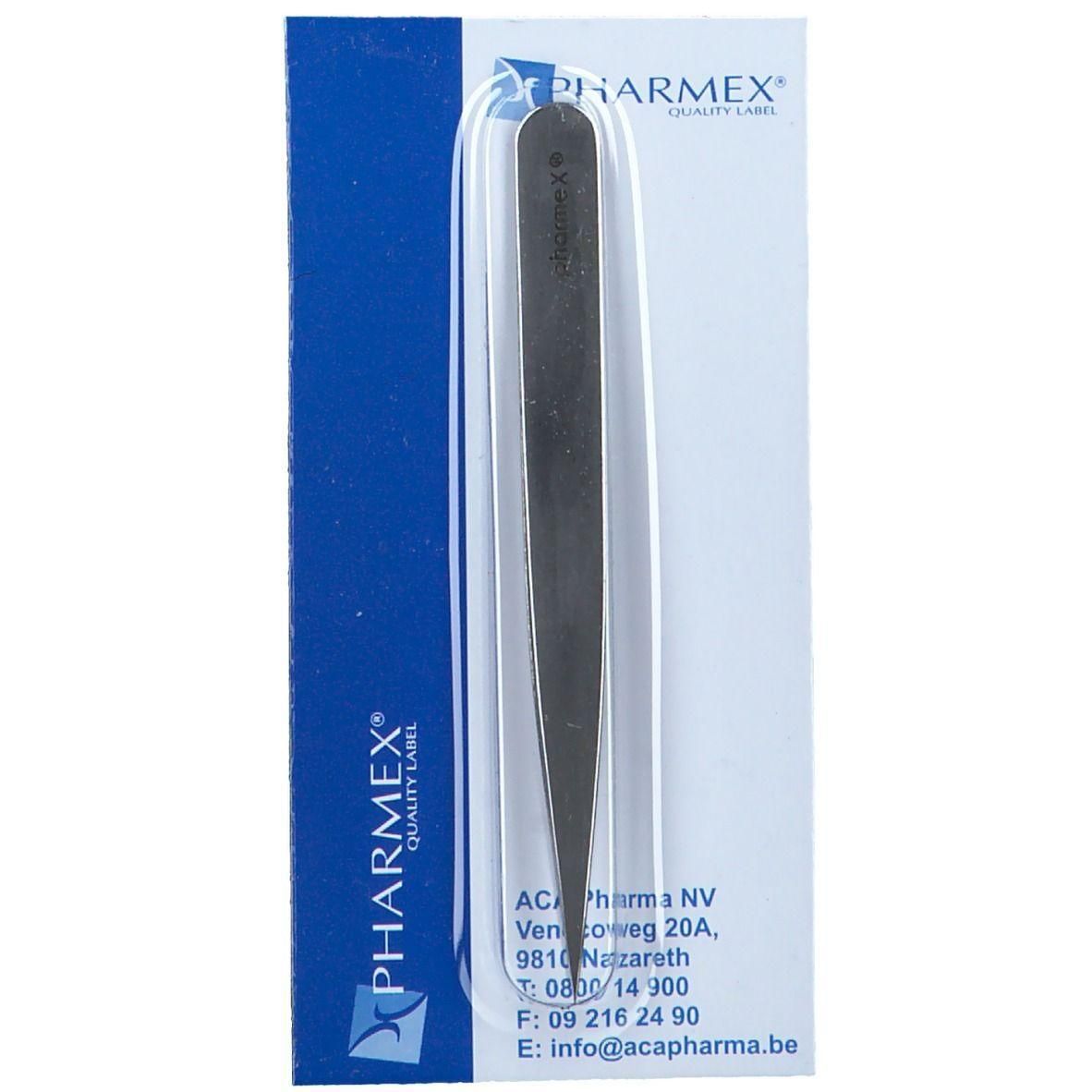 Puntige metalen pincet in blisterverpakking met Pharmex-logo.