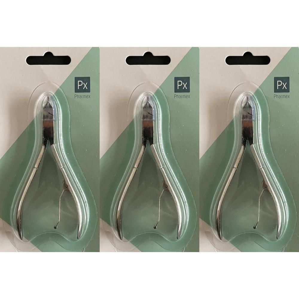 Trois coupe-ongles en métal sous blister avec logo Px Pharmex.