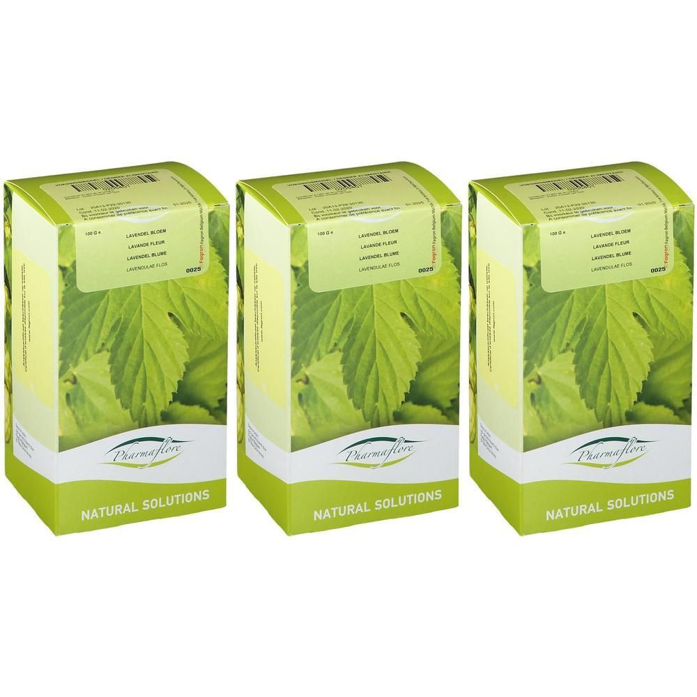 Drie pakken Pharmaflore Lavande Fleur met groene bladeren en de tekst "Natural Solutions".