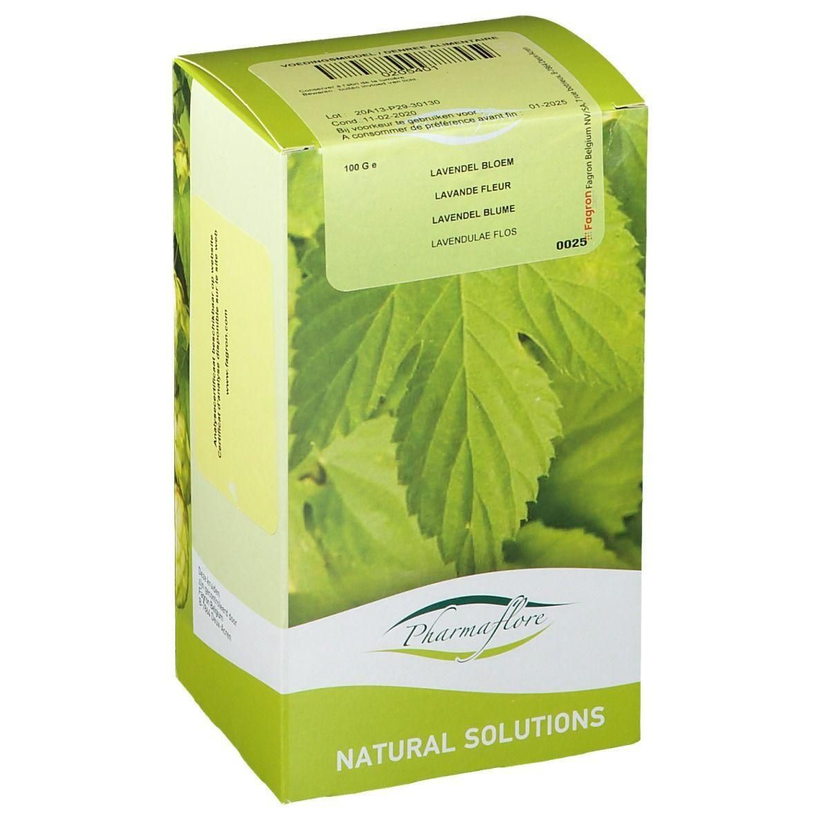 Pharmaflore Lavendelbloem 100g verpakking met bladerenmotief en logo.