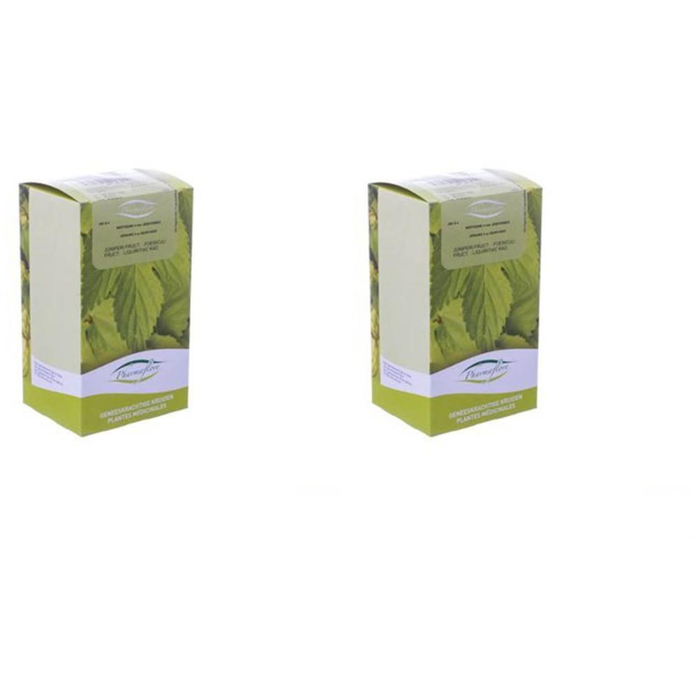 Deux boîtes de tisane Pharmaflore avec motif de feuilles de genévrier.