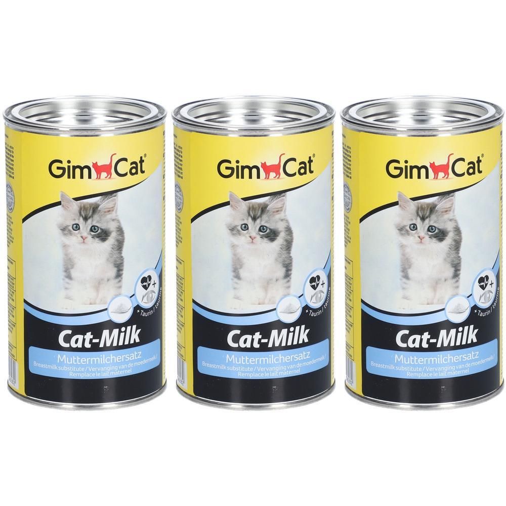 Trois boîtes de lait pour chatons GimCat avec image de chaton.