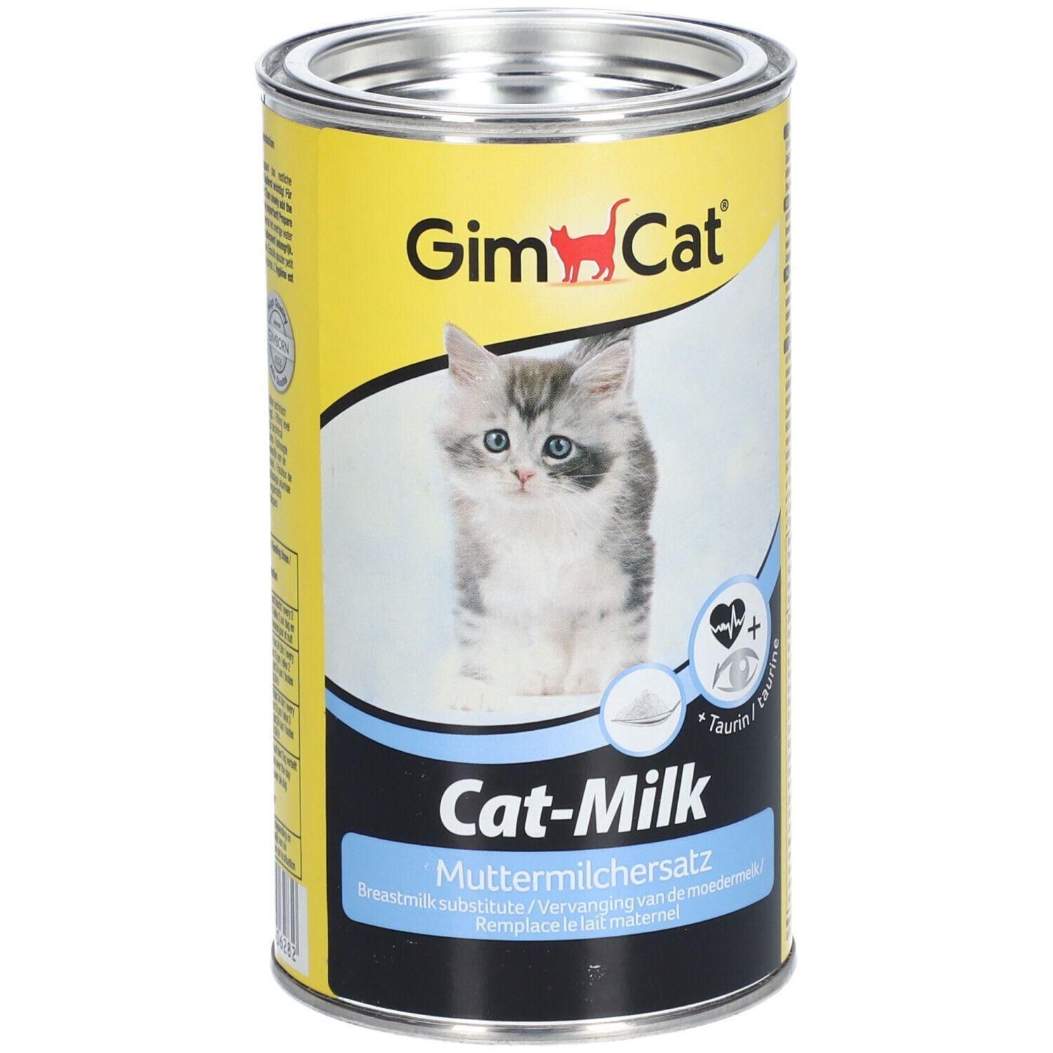 Boîte de lait pour chatons GimCat avec image de chaton et mention de taurine.