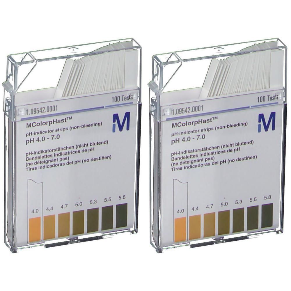 Deux paquets de bandelettes indicatrices de pH, 4.0-7.0. Chaque paquet contient 100 tests.