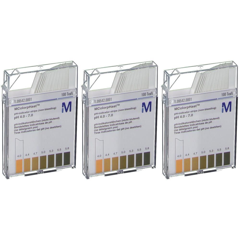 Drie pakken pH-indicatorstrips 4-7. Elk pak bevat 100 tests.