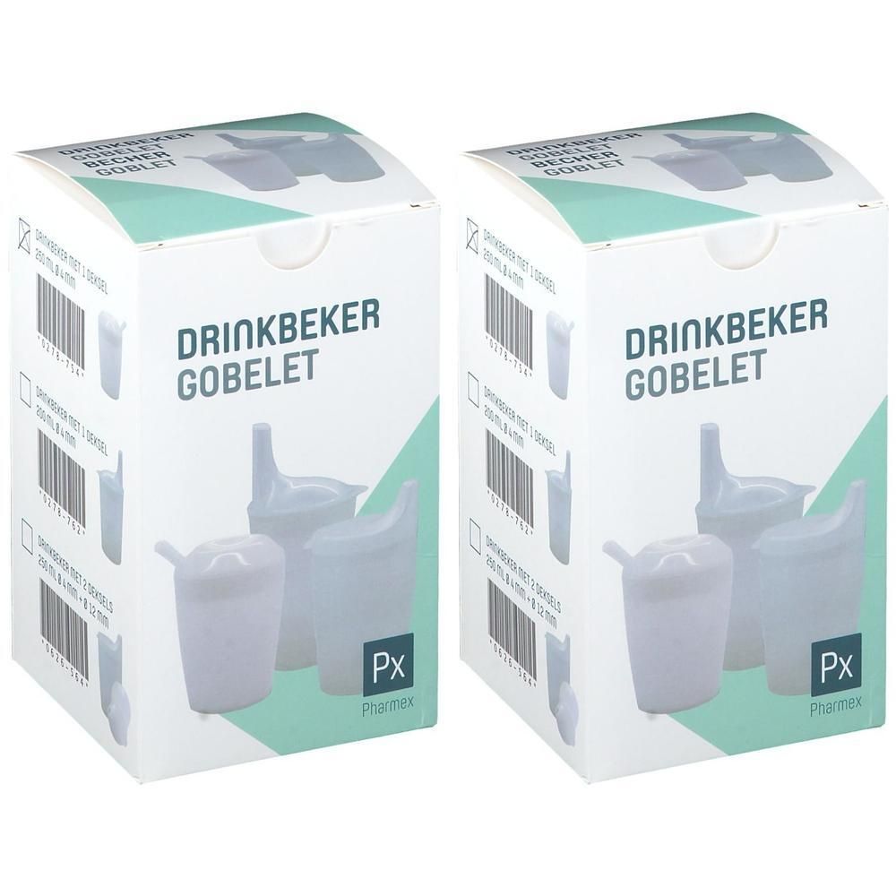 Twee pakken drinkbekers met tuit. Witte plastic bekers met deksel.