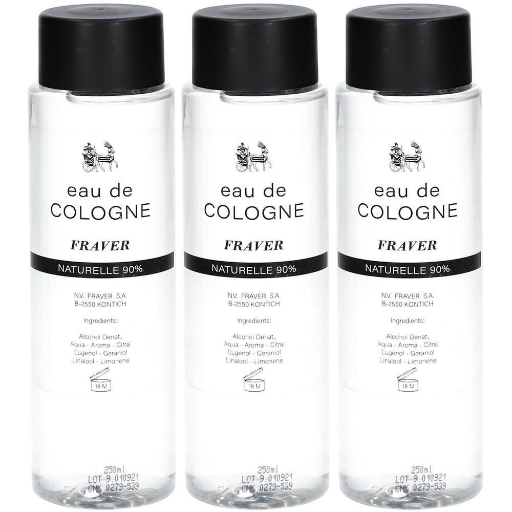 Trois flacons d'Eau de Cologne Fraver Naturelle 90%. Liquide clair dans des bouteilles transparentes avec bouchons noirs.
