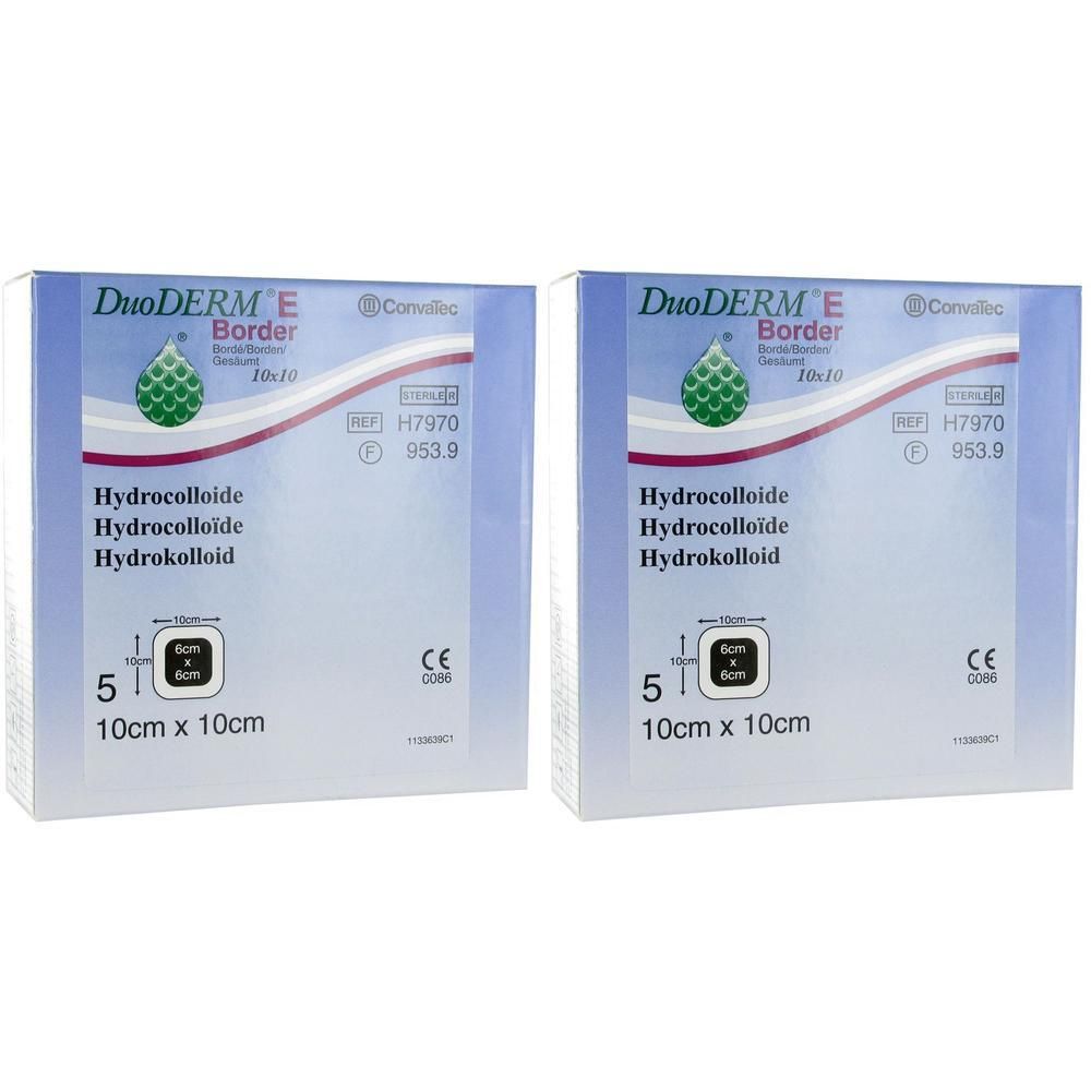 Deux paquets de pansements DuoDERM E Border hydrocolloïdes, 10x10cm.