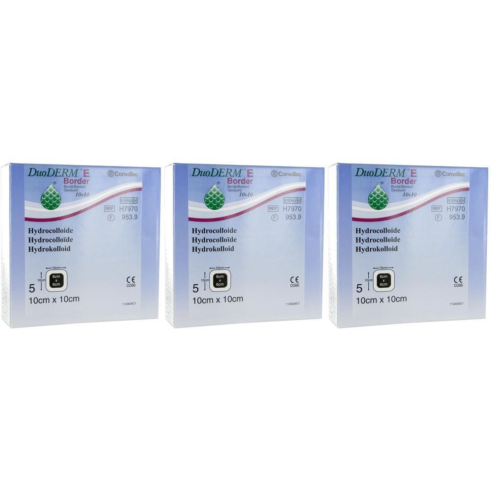 Trois boîtes de pansements hydrocolloïdes Convatec Duoderm E Border, 10x10cm.