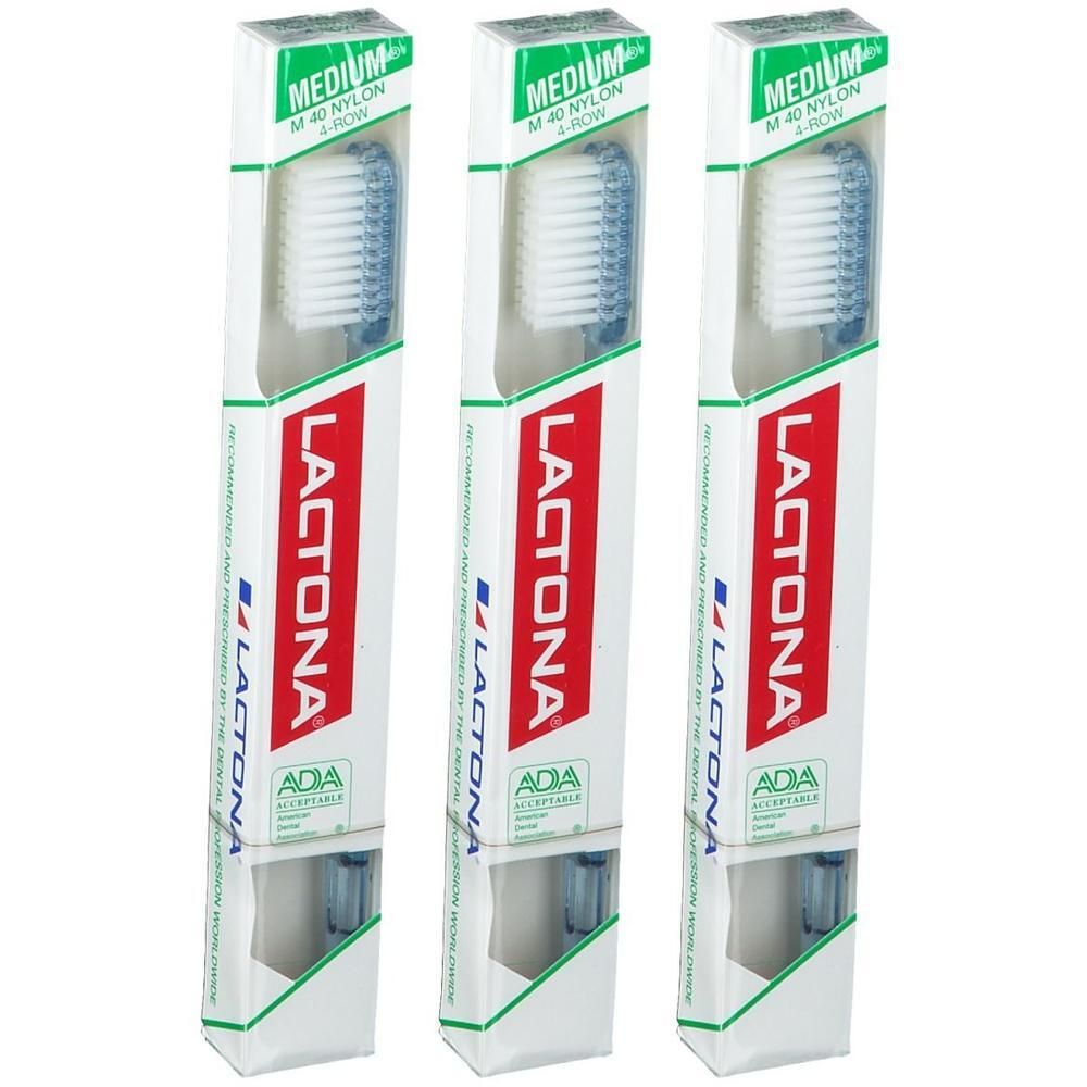 Drie Lactona M40 tandenborstels, Medium, 4 rijen, nylon, ADA-acceptabel.