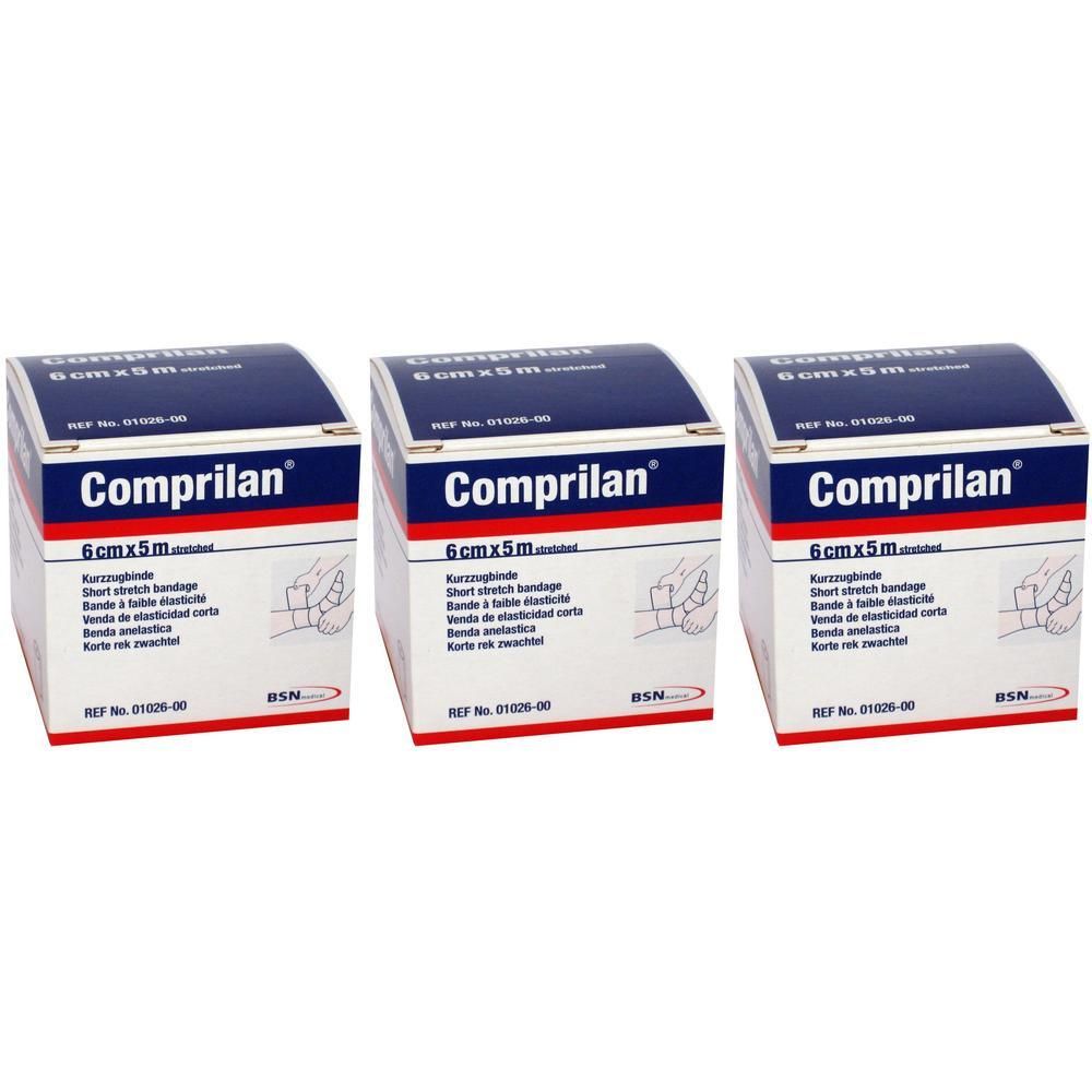 Drie Comprilan rekbare verbanden 6cm x 5m in individuele verpakkingen.