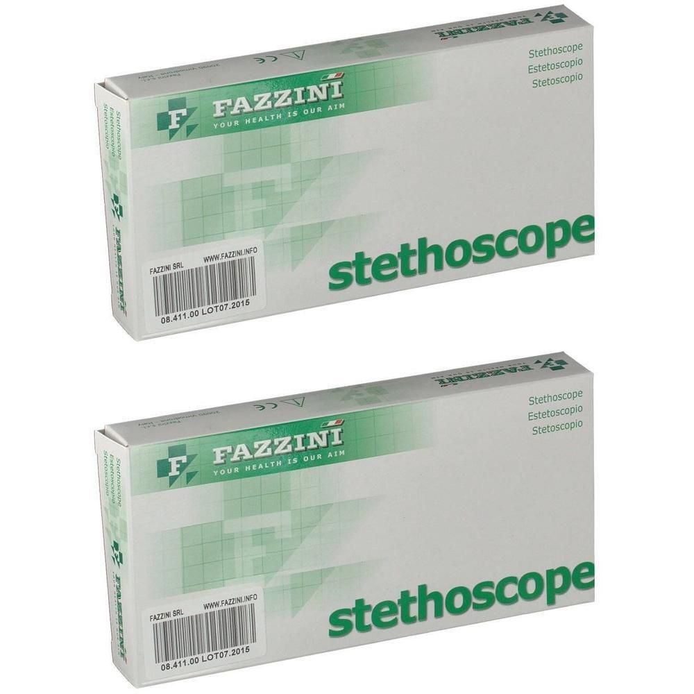 Twee Fazzini stethoscoop verpakkingen, wit met groene tekst.