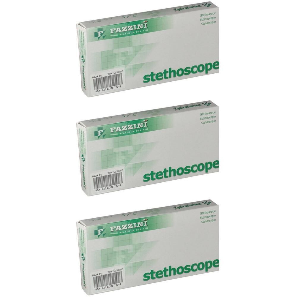 Drie dozen met Fazzini stethoscopen, elk met barcode en productinformatie.