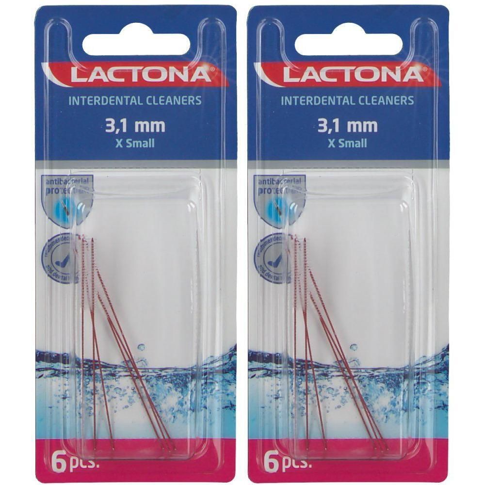 Deux paquets de nettoyeurs interdentaires Lactona, 3,1 mm, X Small, 6 pièces chacun.
