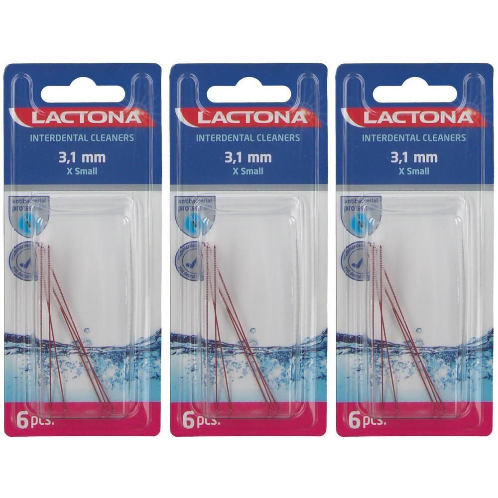 Trois paquets de brossettes interdentaires Lactona, 3,1 mm, X Small, 6 pièces par paquet.