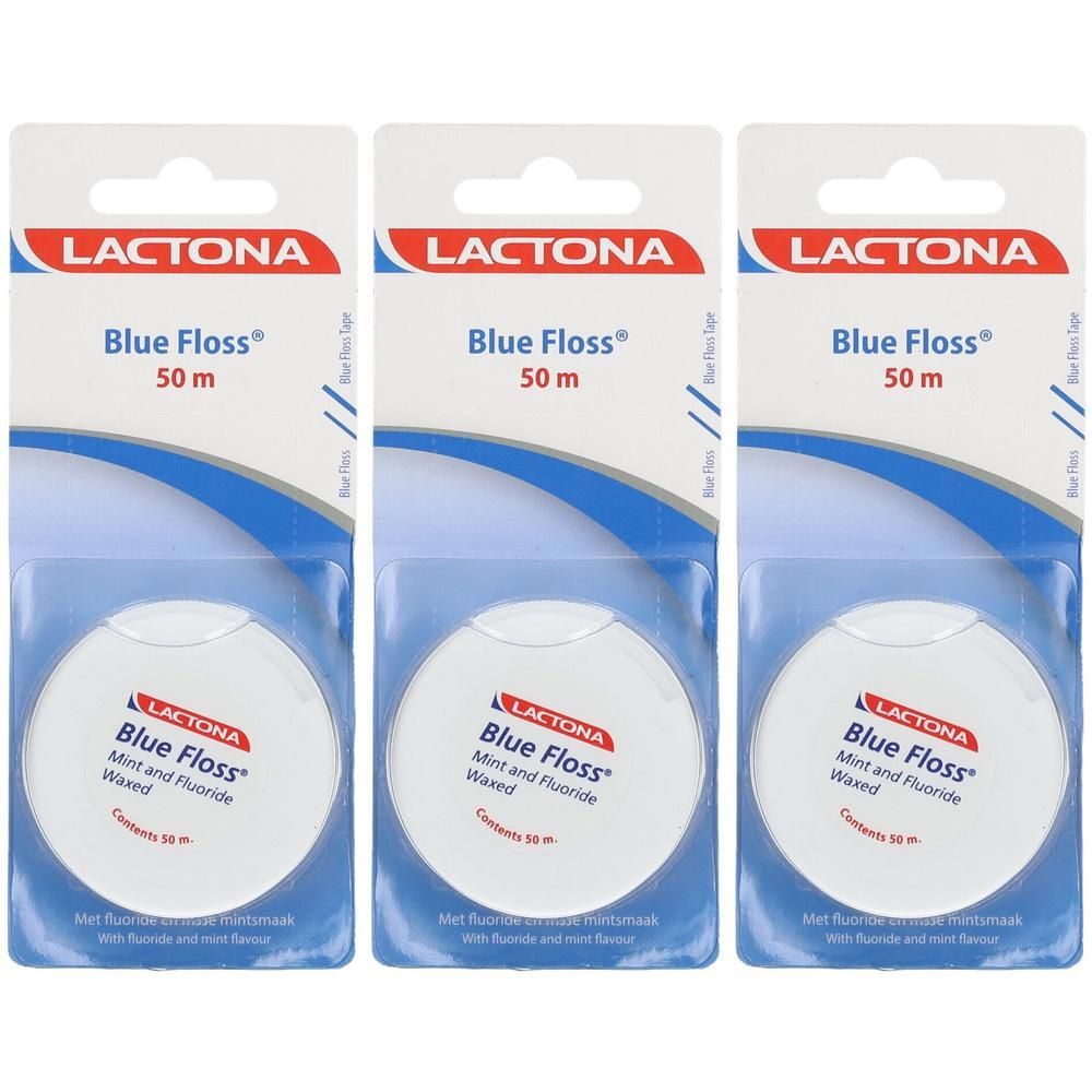 Trois paquets de fil dentaire Lactona Blue Floss, 50 m chacun, menthe et fluorure, ciré.