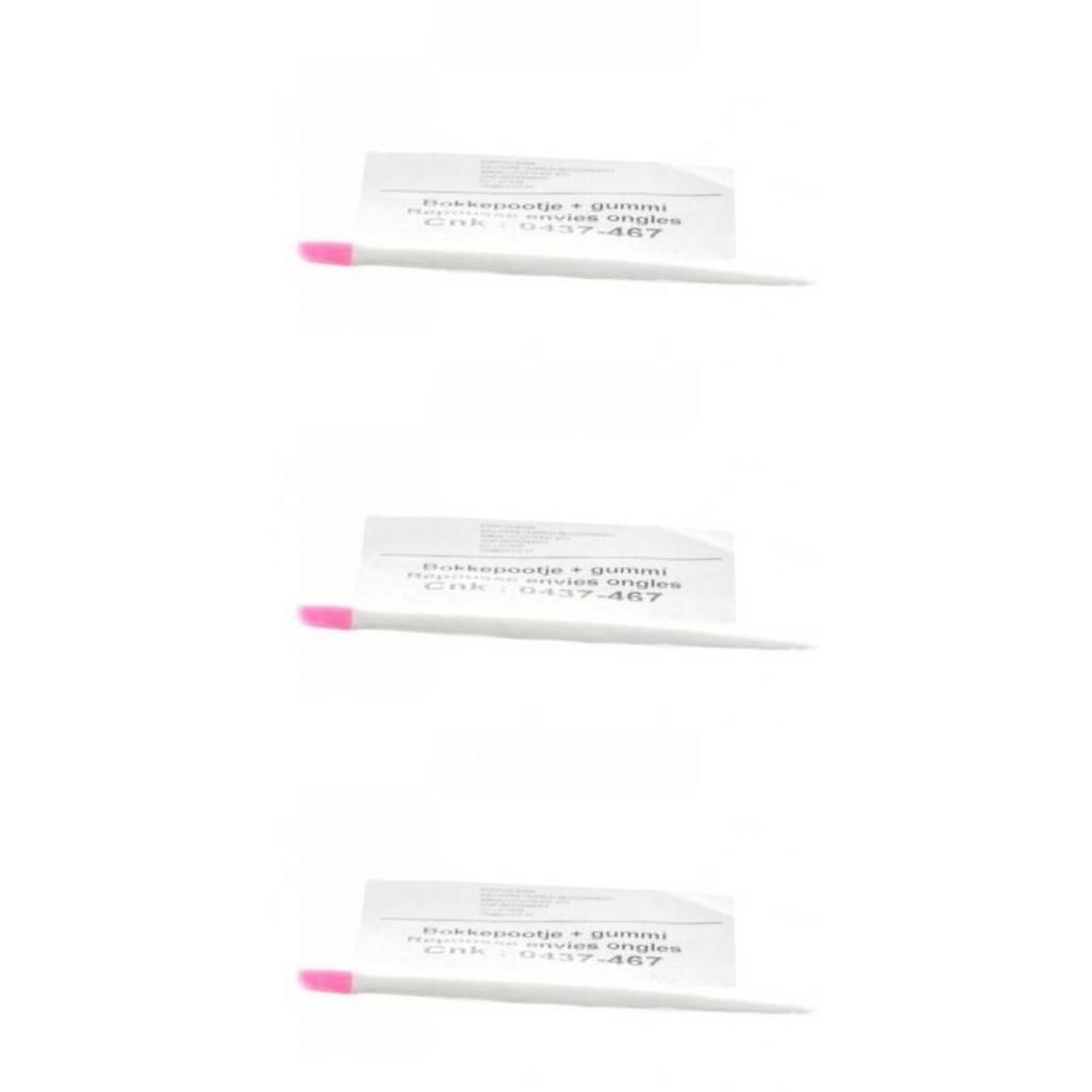 Trois repousse-cuticules avec embouts en gomme rose et emballage.