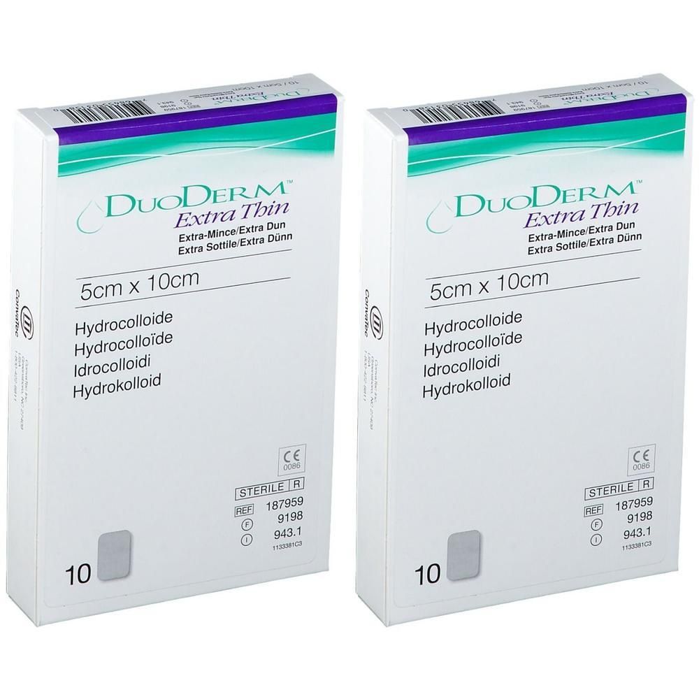 Twee pakken DuoDERM Extra Thin hydrocolloïde verbanden, 5cm x 10cm.