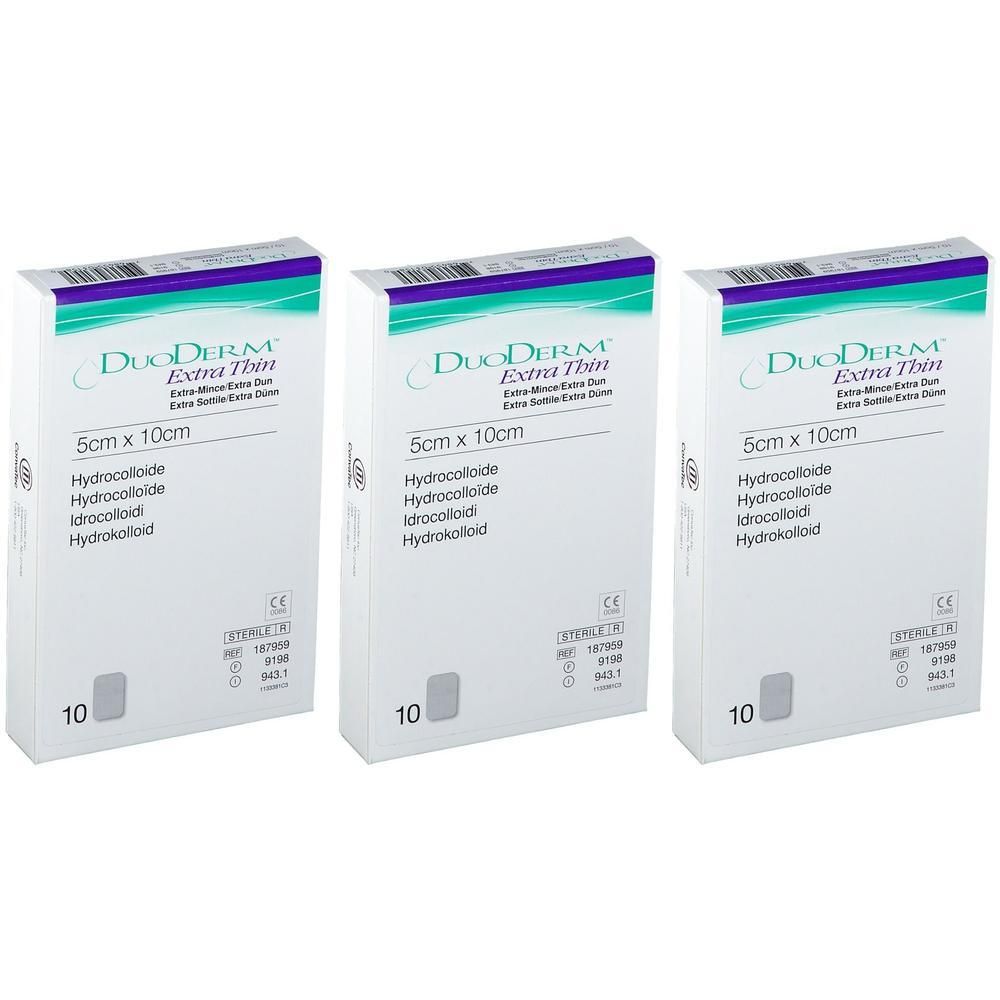 Trois paquets de pansements DuoDERM Extra Thin Hydrocolloïde, 5cm x 10cm.