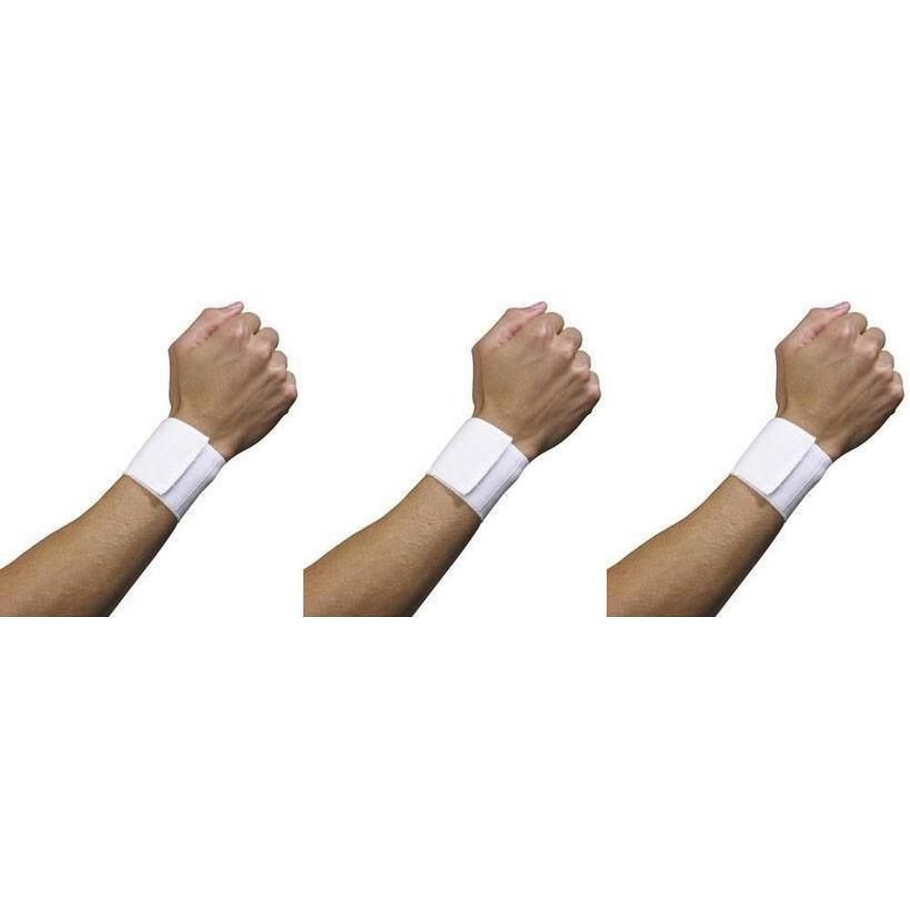 Trois bandeaux blancs pour poignet avec fermeture velcro sur trois bras.