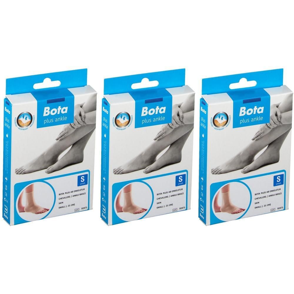 Drie verpakkingen Bota Plus Enkelbrace, maat S. Toont een vrouw die haar kuit en enkel vasthoudt.