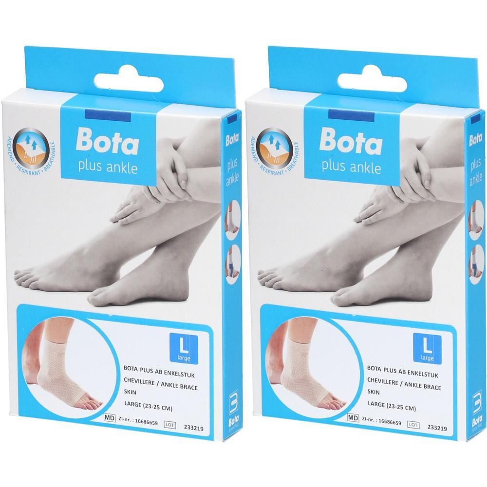 Bota Plus AB Enkelstuk, maat L, huidkleurig. Verpakking toont twee enkelstukken.
