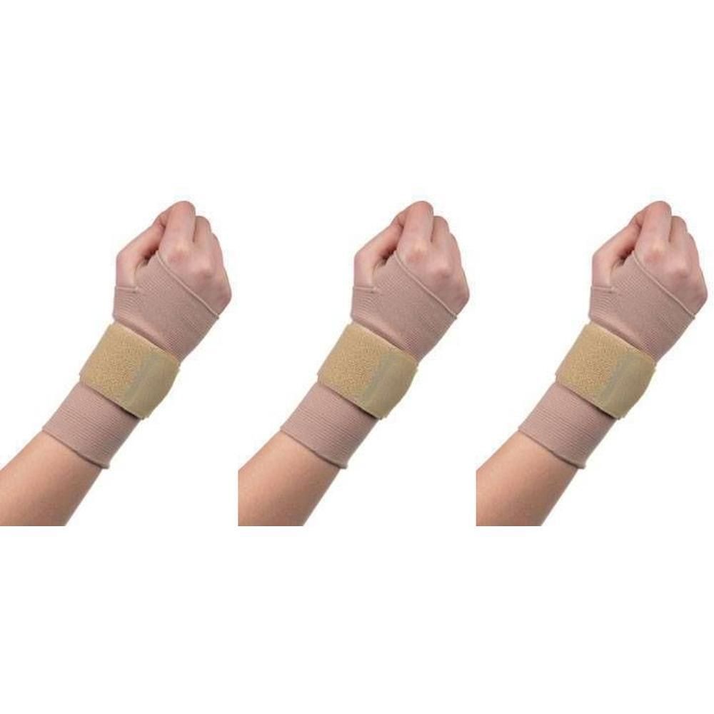 Trois bandages de poignet en tissu beige avec fermeture velcro.
