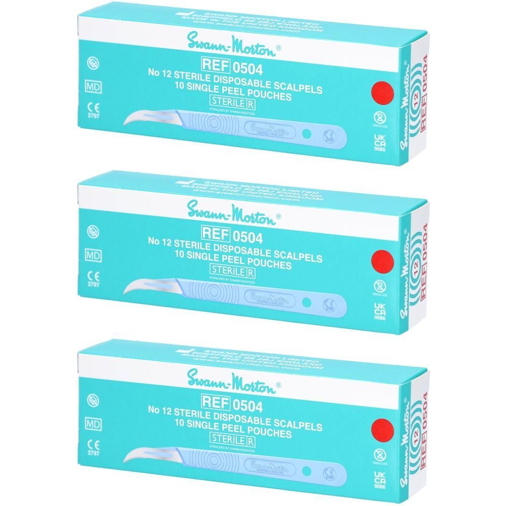 Trois boîtes de scalpels Swann Morton REF 0504, 10 scalpels stériles emballés individuellement par boîte.