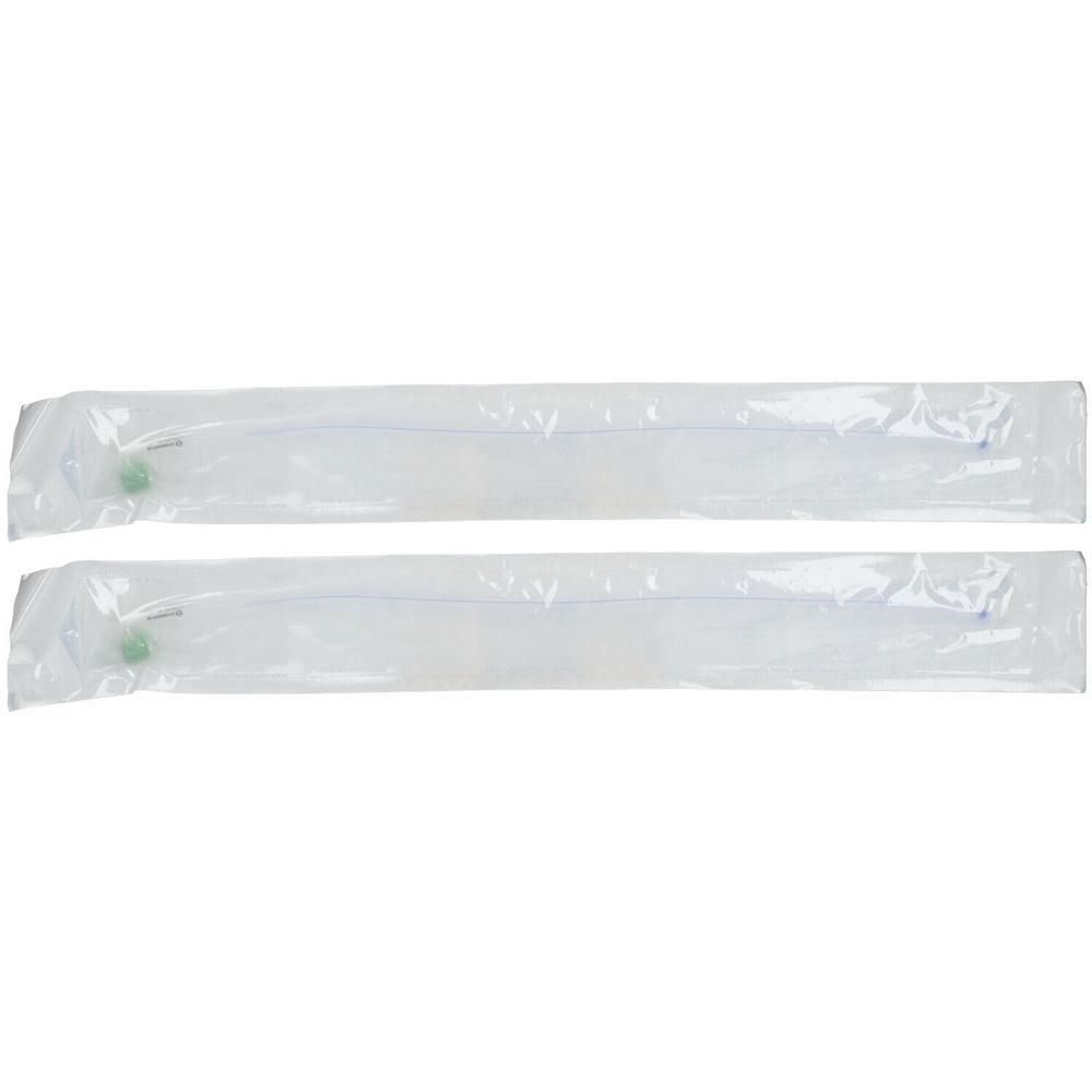 Deux sondes Foley stériles emballées individuellement avec embouts verts.
