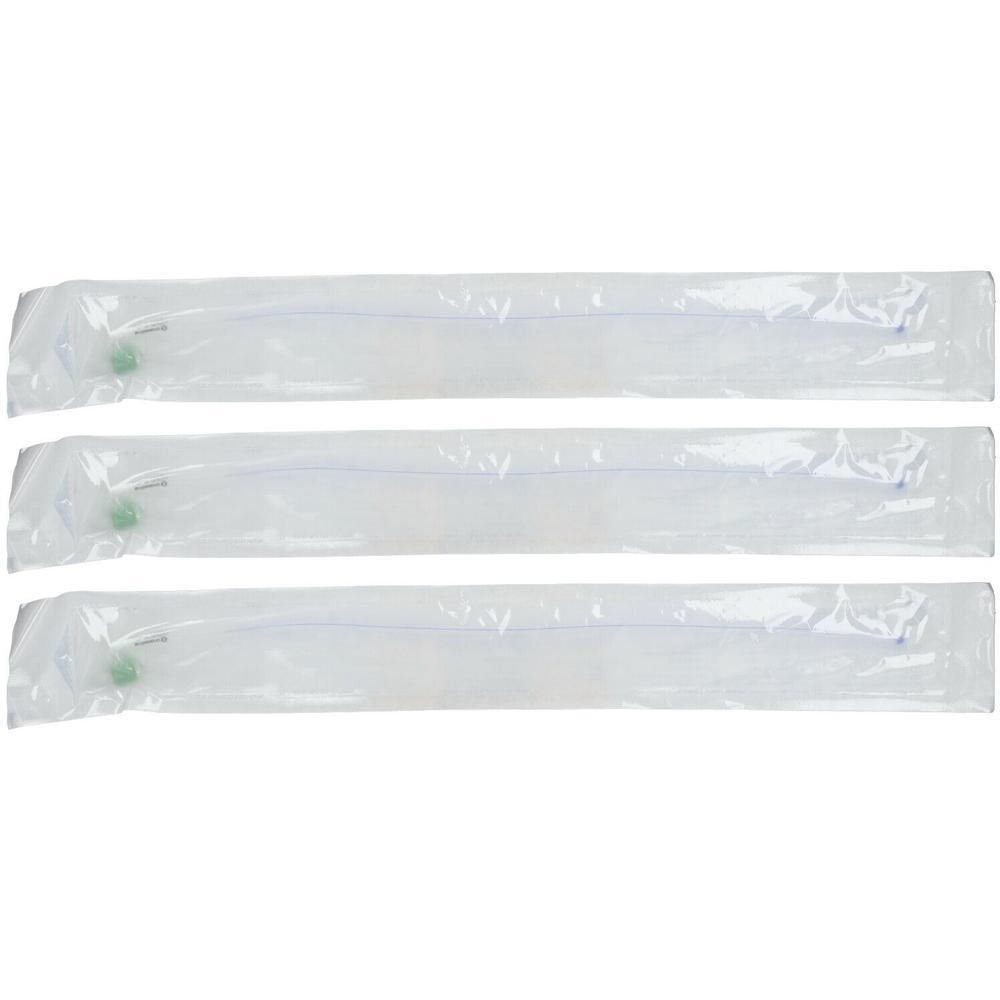 Trois sondes Foley de 5 ml Ch14, emballées individuellement. Emballage transparent avec marquages bleus.