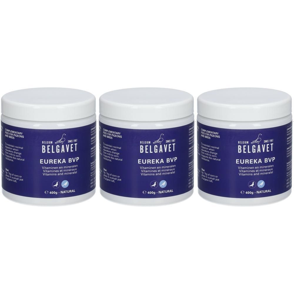 Drie Eureka BVP potten van 400g. Aanvullend voer voor duiven.