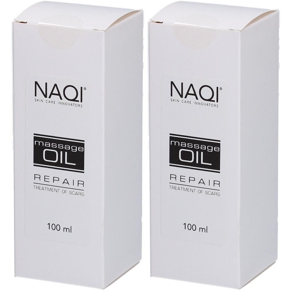Twee witte dozen met NAQI Massage Oil Repair, 100 ml.
