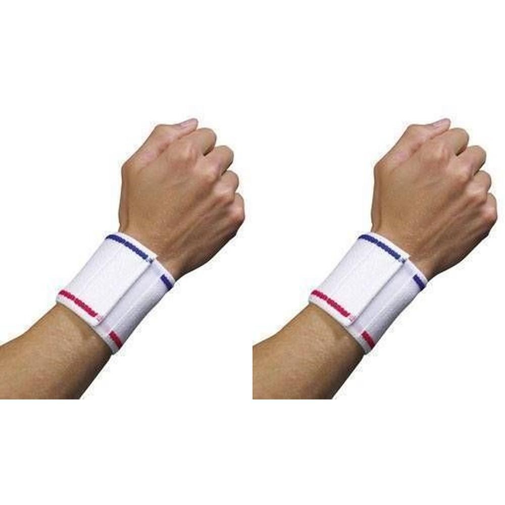 Deux supports de poignet blancs avec rayures rouges et bleues et fermeture velcro.