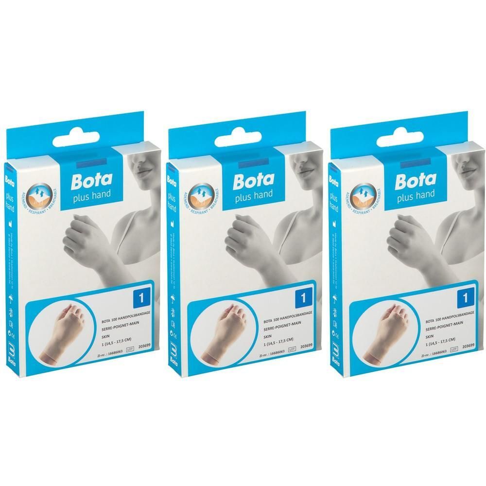 Drie verpakkingen Bota pols-hand-duimbrace. Huidkleurig, maat 1.